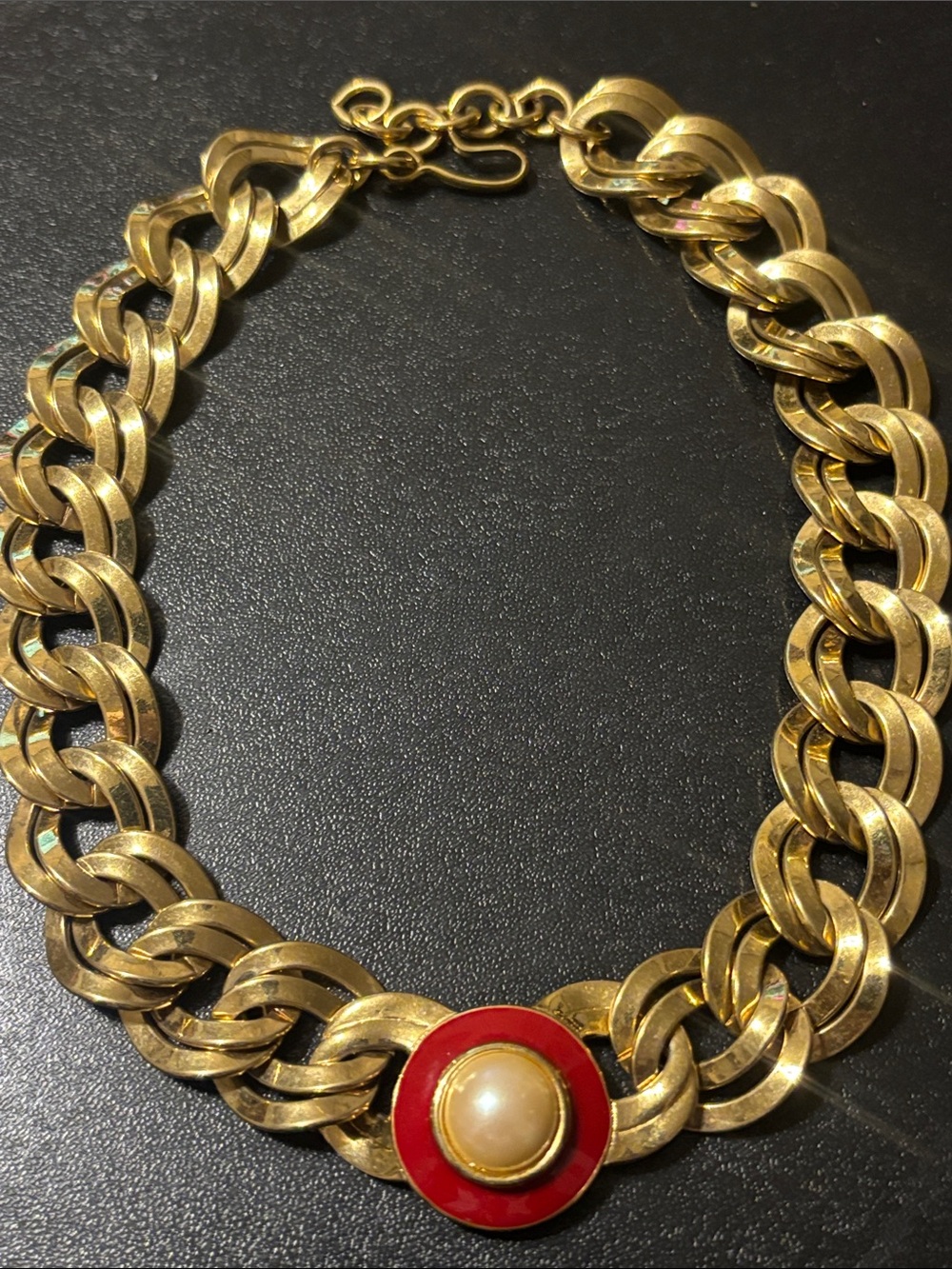 Vintage Monet Gold-Tone Link Necklace with Red Enamel Disc and Pearl